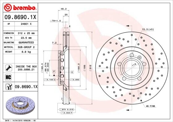 Bremsscheibe BREMBO 09.8690.1X Bild Bremsscheibe BREMBO 09.8690.1X