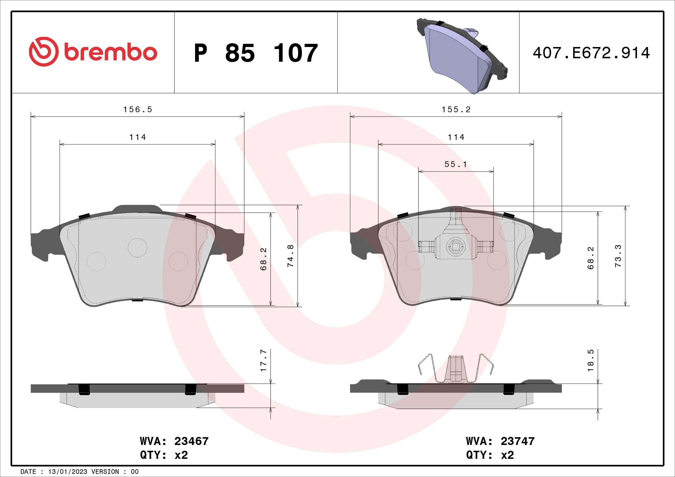 Bremsbelagsatz, Scheibenbremse BREMBO P 85 107