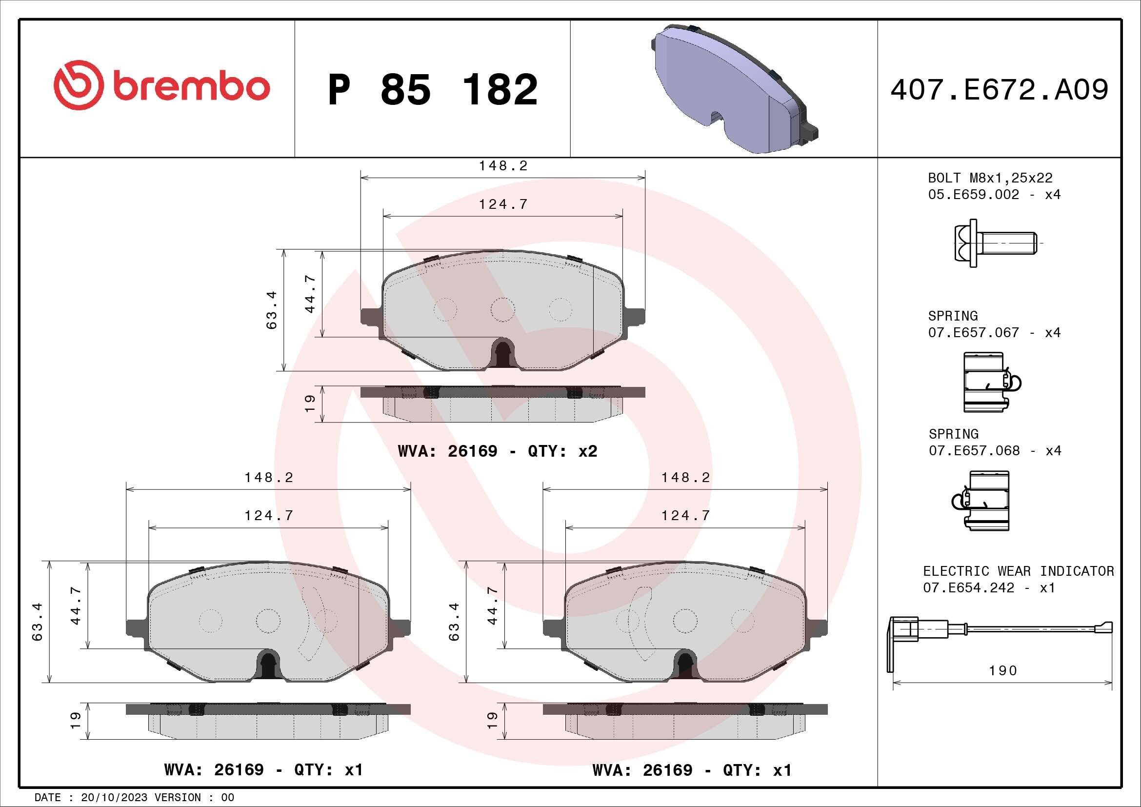 Bremsbelagsatz, Scheibenbremse BREMBO P 85 182X